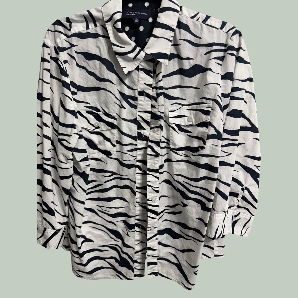 Jones New York Signature Zebra Print Button Down Shirt XL Polka Dot Trim
